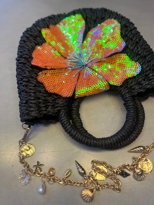 Black / orange flora charm bag