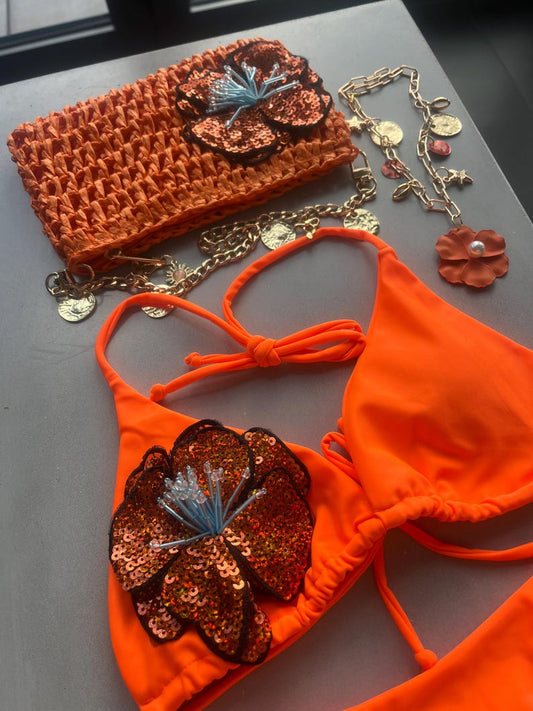 Orange / dark orange flora bikini