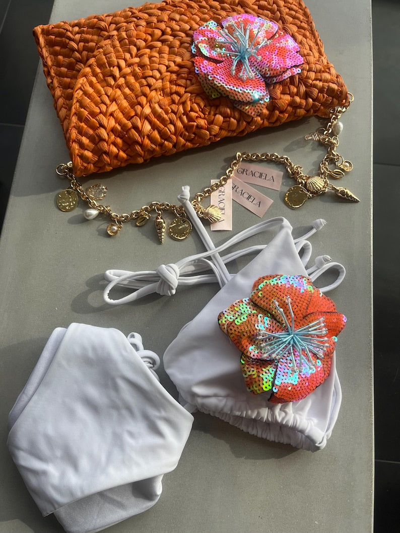 White / orange flora bikini