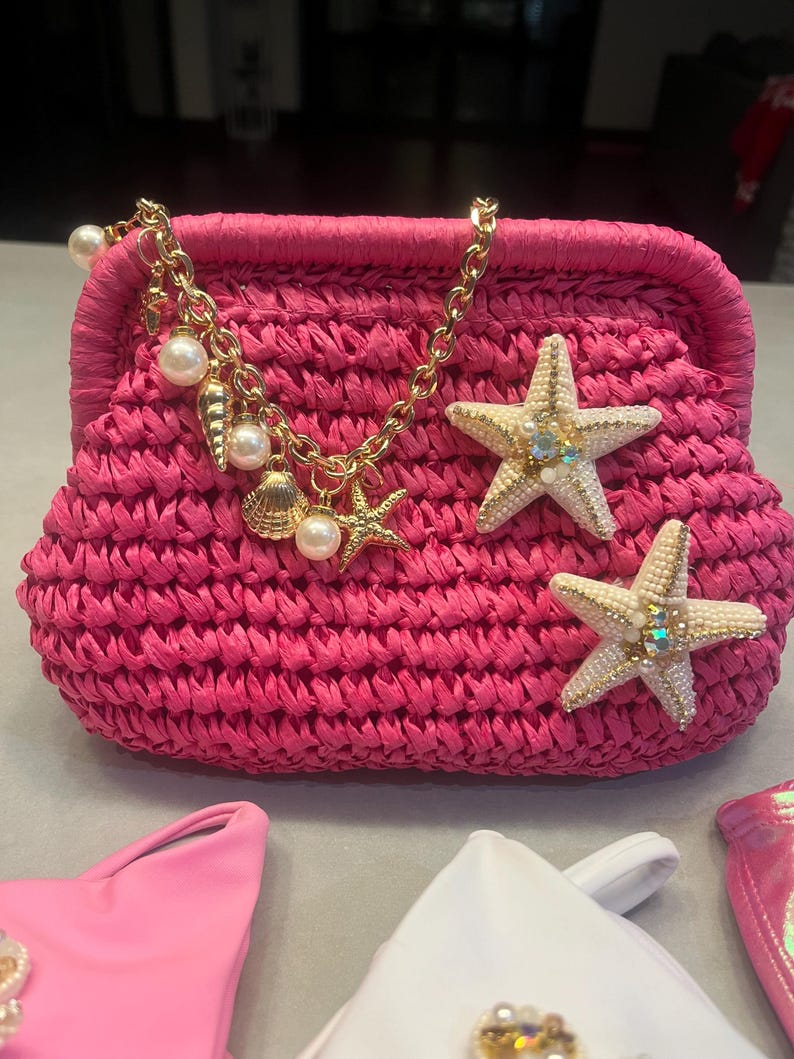 Dark pink double cream starfish charm bag