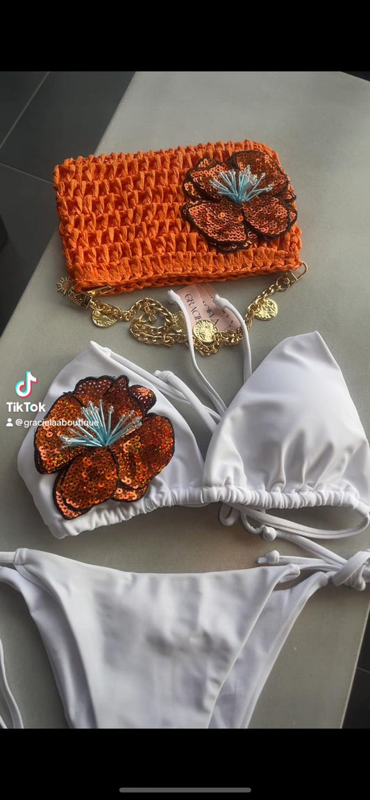 White / dark orange flora bikini