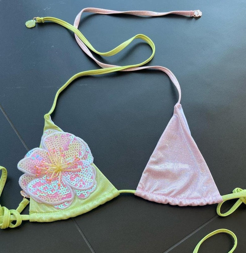 Matcha / Pink flora colour block Bikini
