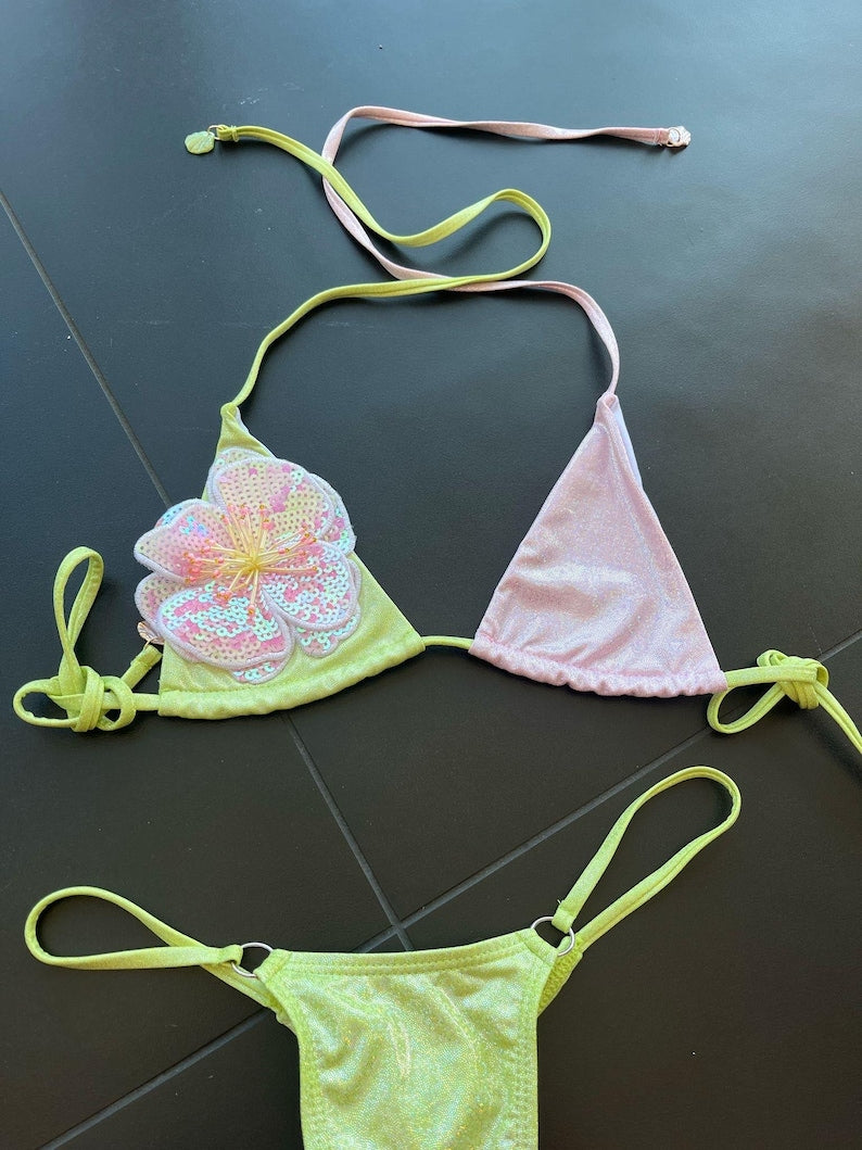 Matcha / Pink flora colour block Bikini