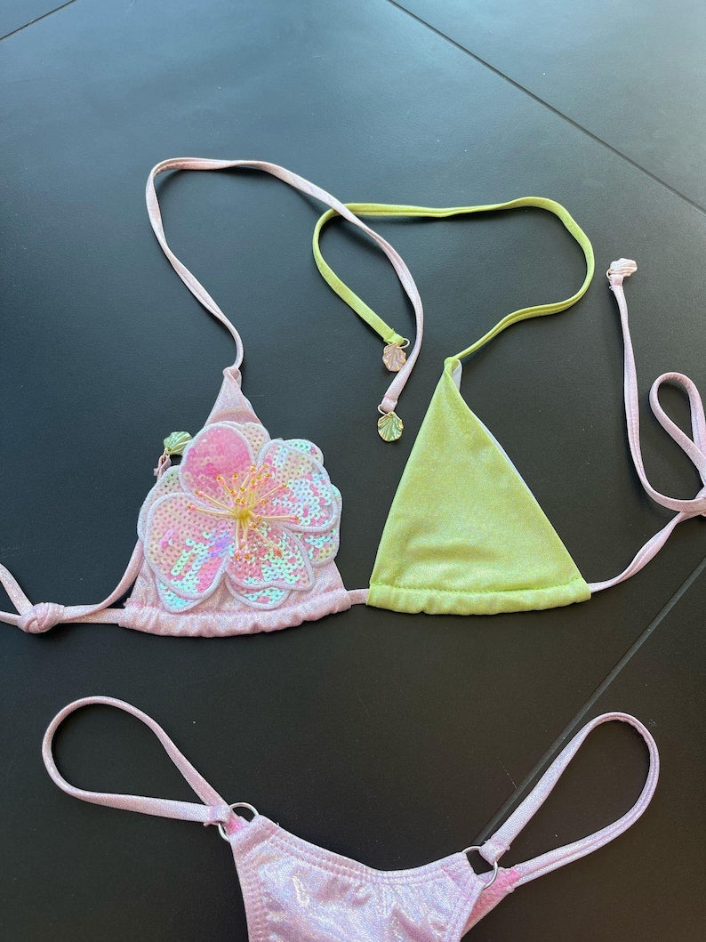 Pink / Matcha flora colour block bikini Set