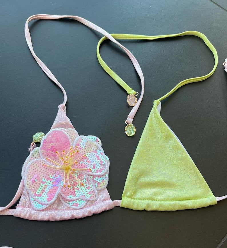 Pink / Matcha flora colour block bikini Set