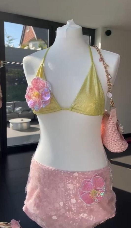 Yellow sparkle / pink flora bikini