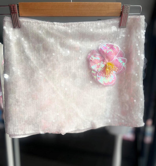 White / pink flora sequin skort