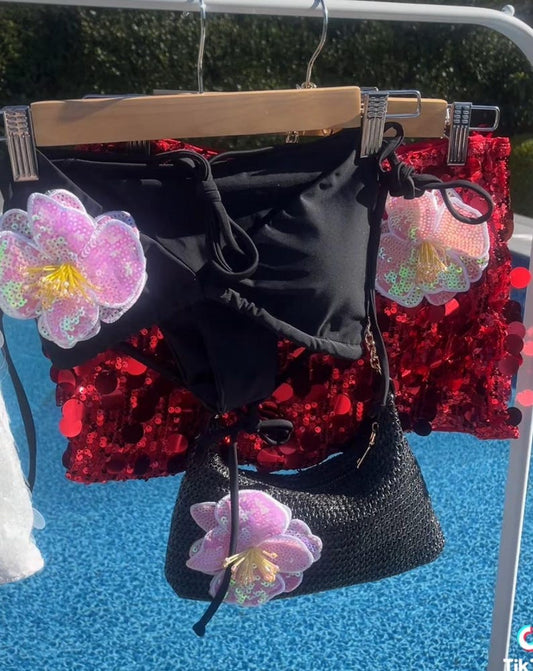 Black / pink flora bikini