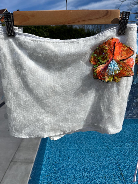 White / orange flora sequin skort