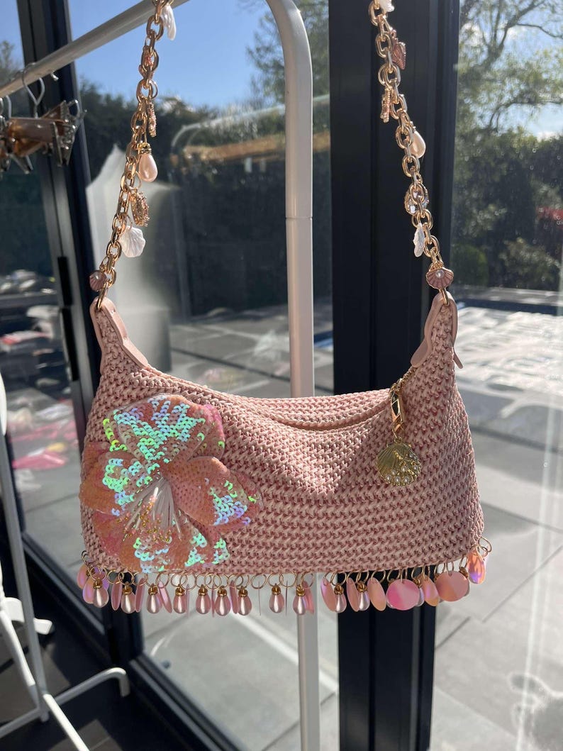 Pink flora sequin charm bag