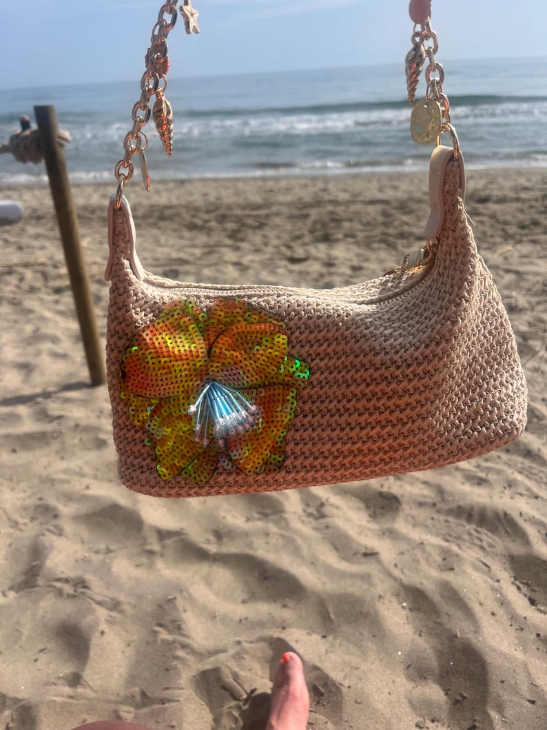Beige / orange flora charm bag