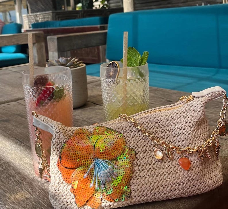 Beige / orange flora charm bag