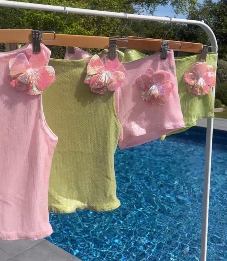 Matcha / pink flora sequin tank top & shorts SET