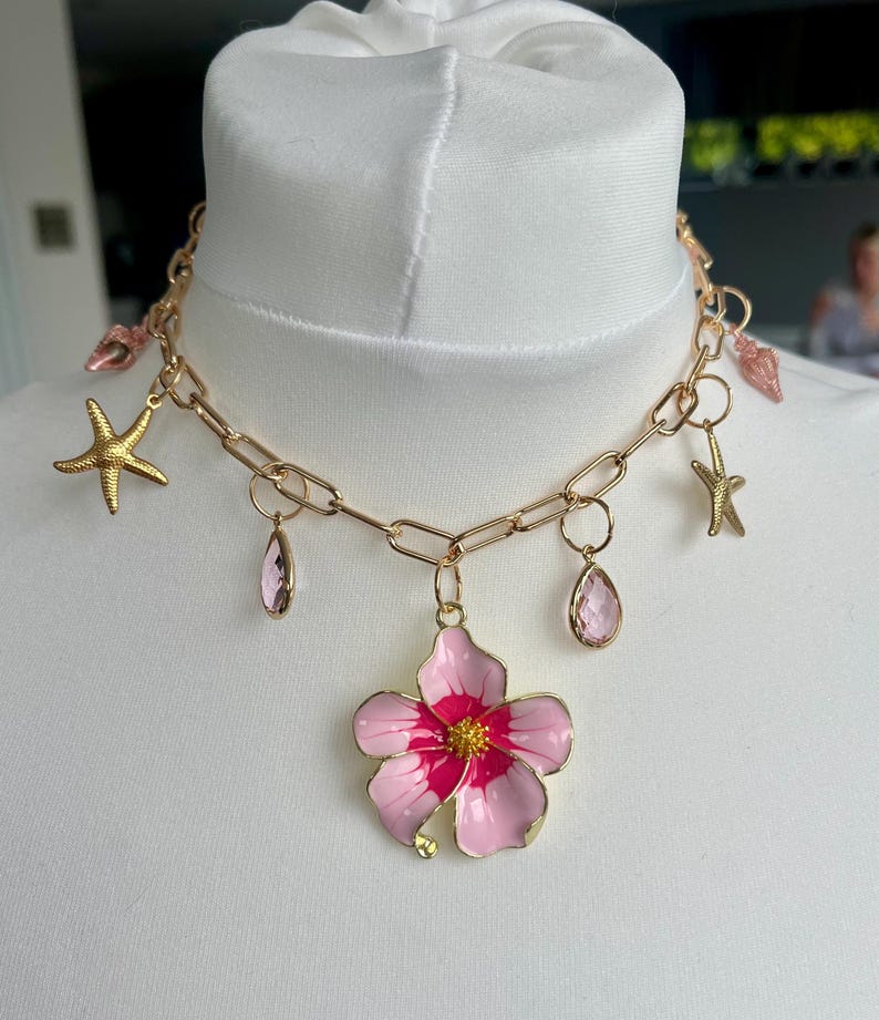 Pink flora charm necklace