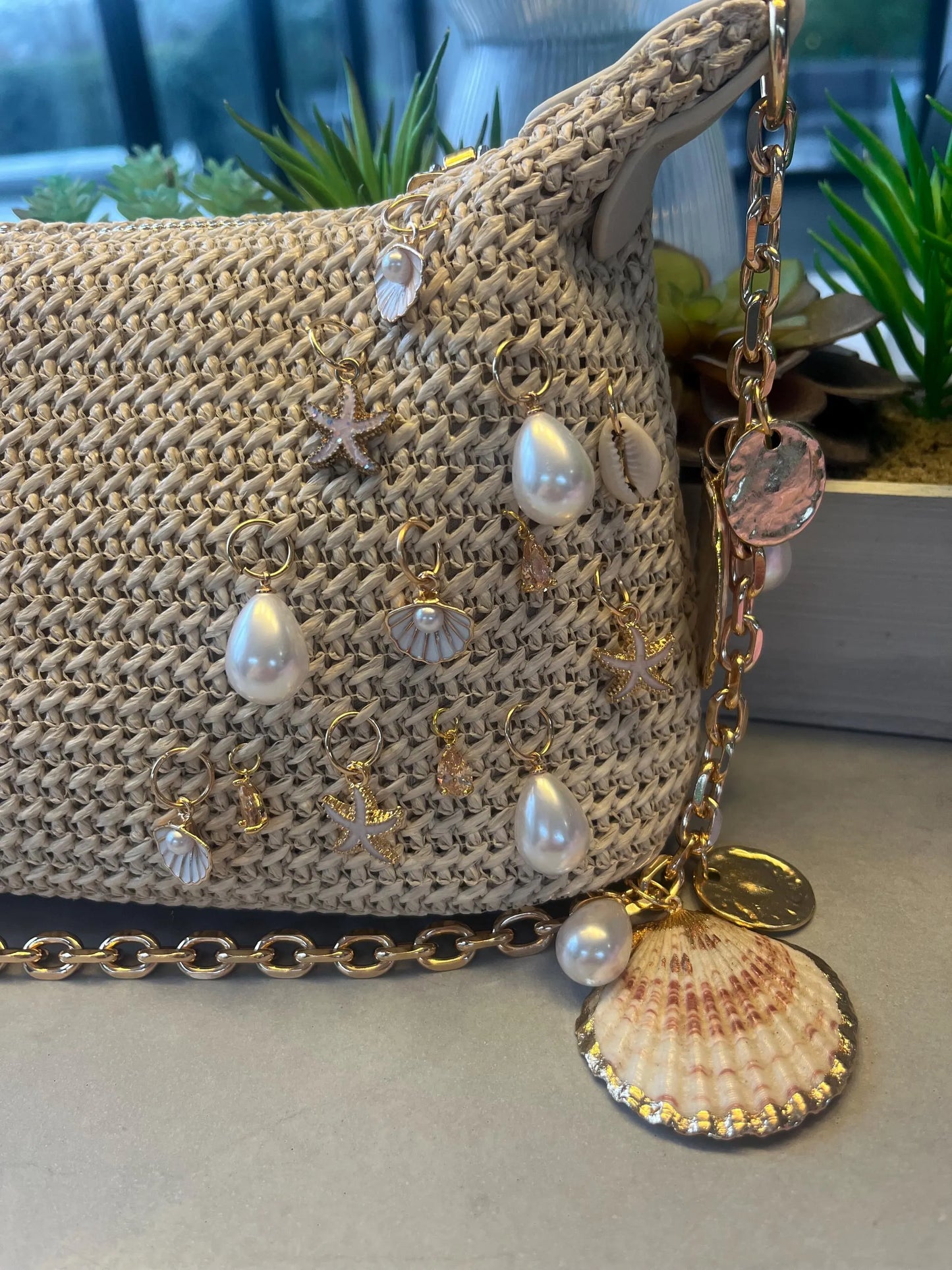 Beige multi side charm bag