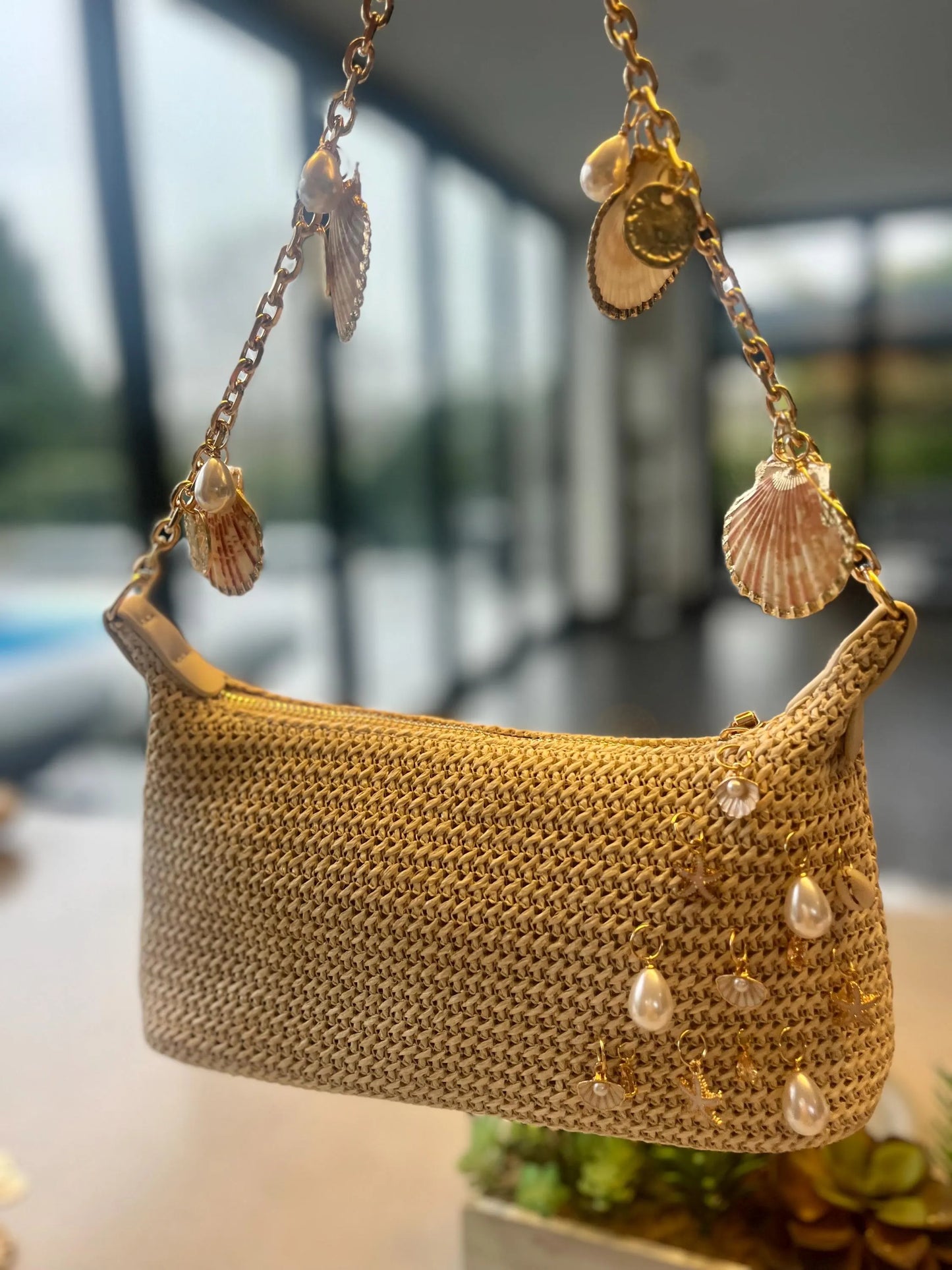 Beige multi side charm bag