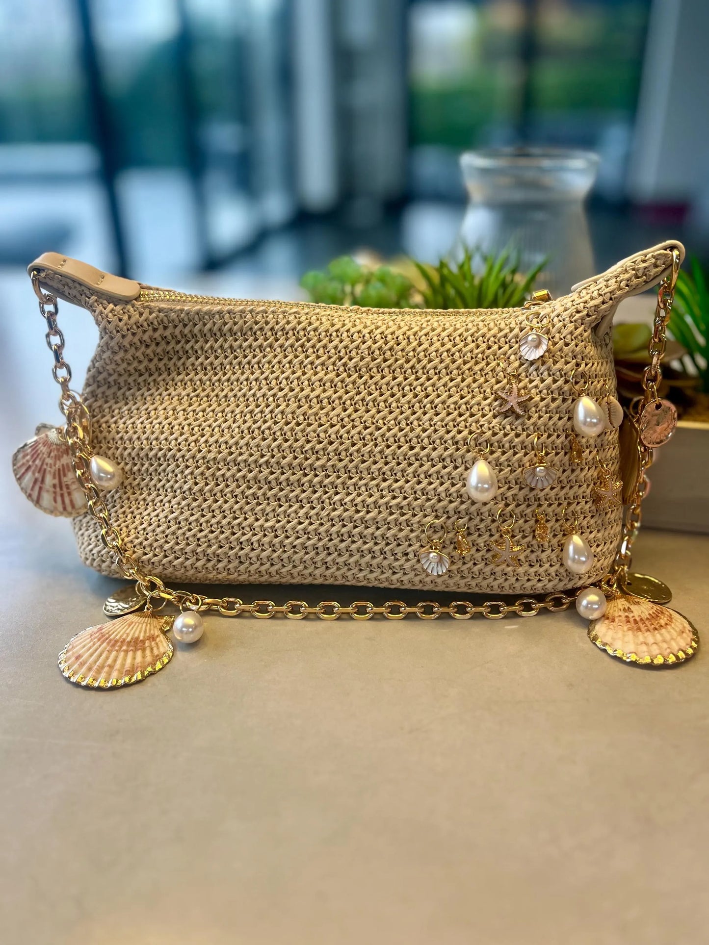 Beige multi side charm bag