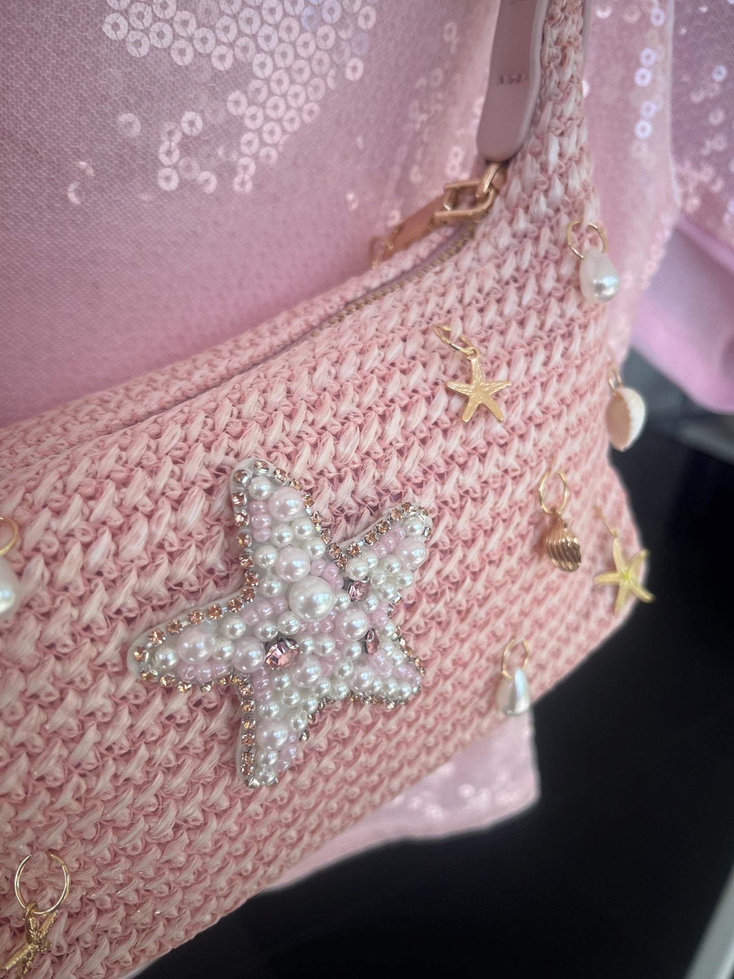 Pink pearl starfish charm bag