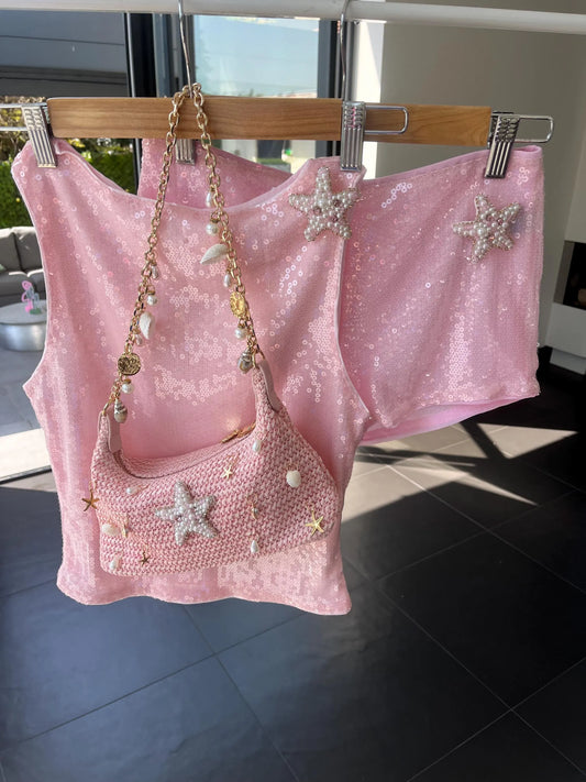 Pink PEARL sequin starfish tank & shorts SET