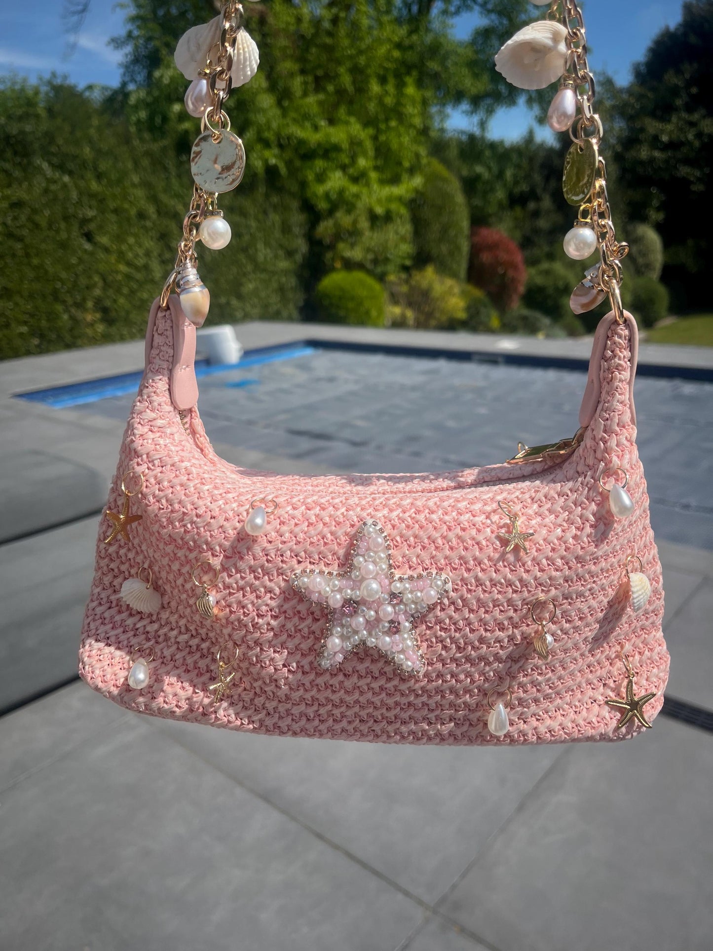 Pink pearl starfish charm bag