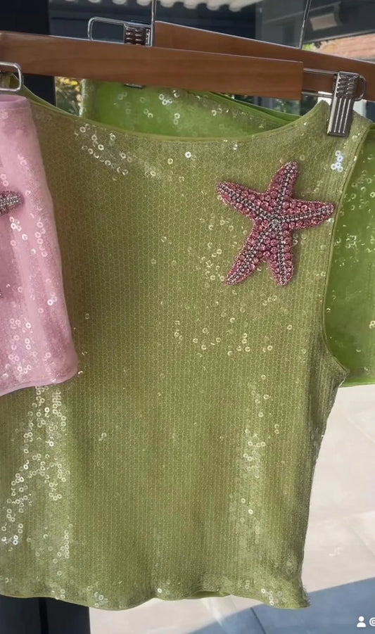 Matcha / pink Gem starfish Tank TOP ONLY